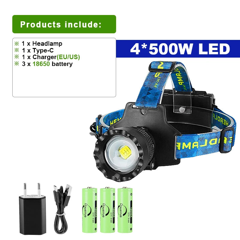 Super Powerful Headlamp 4core 30W LEDs Rechargeable Head Lamp 3mode Waterproof Head Flashlight Lantern 1500M Zoomable Headlight-WAYBIKER