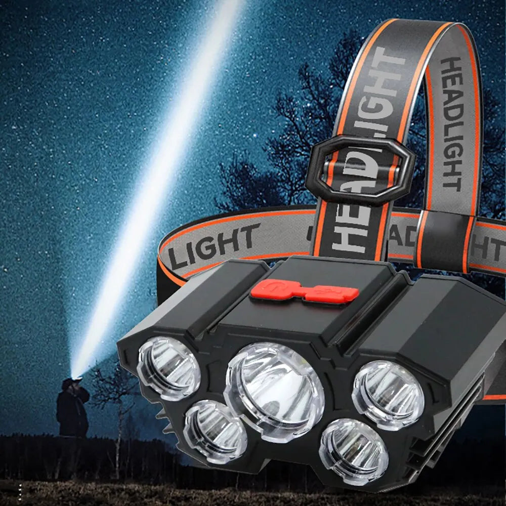 5 LED Headlamp Rechargeable with Built in 18650 Battery Strong Light Headlight Camping Adventure Fishing Head Light Flashlight-WAYBIKER