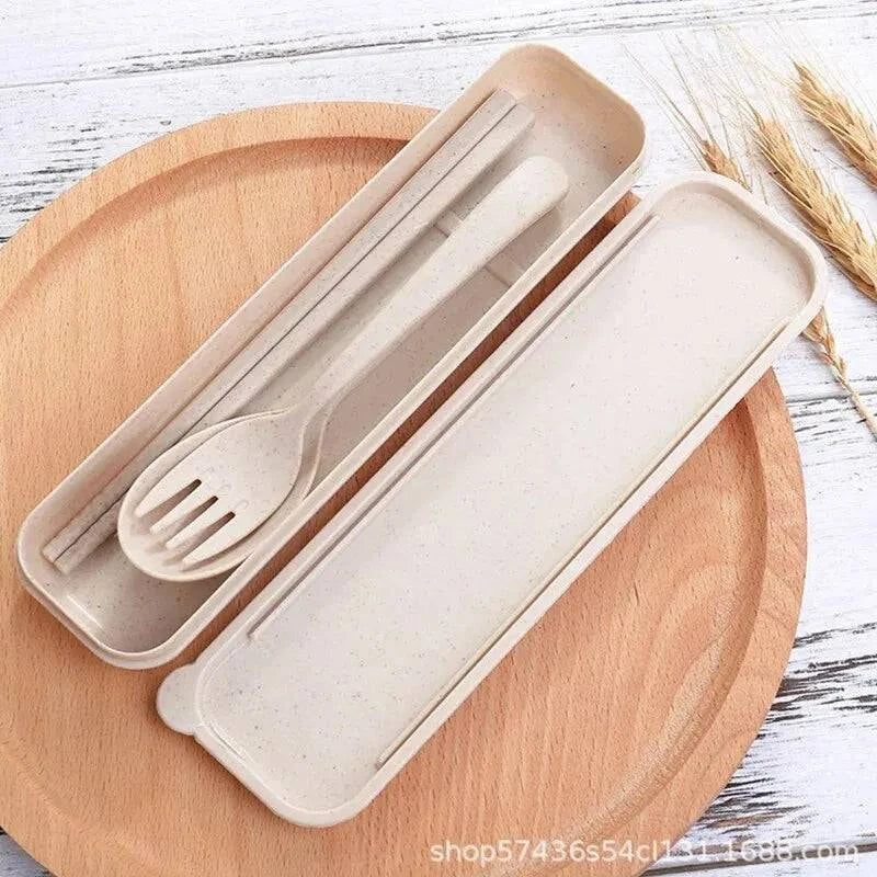Cutlery Wheat Straw Spoon Fork Chopsticks With Box Students Tableware Travel Portable Dinnerware Kitchen Accessories-WAYBIKER