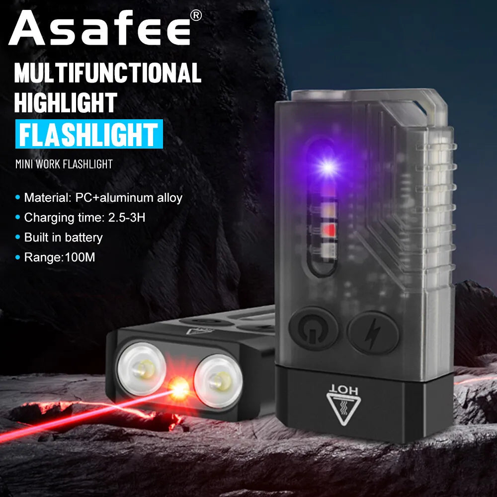 Asafee V10L EDC Mini Flashlight 1000LM 100M Range Torch Rechargeable Waterproof Keychain Redline Blue Red UV White Warm Light