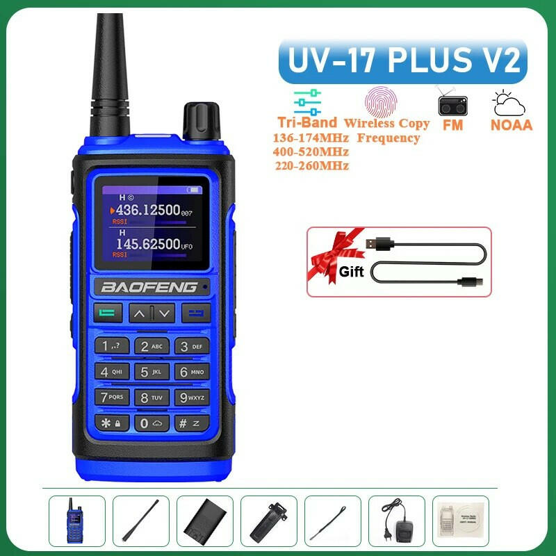 UV-17 Plus V1 V2 Baofeng Walkie Talkie 10W Type C Charging Dual/Tri Band Optional No Pro NOAA 1.77 Inch LCD Screen FM Waterproof-WAYBIKER