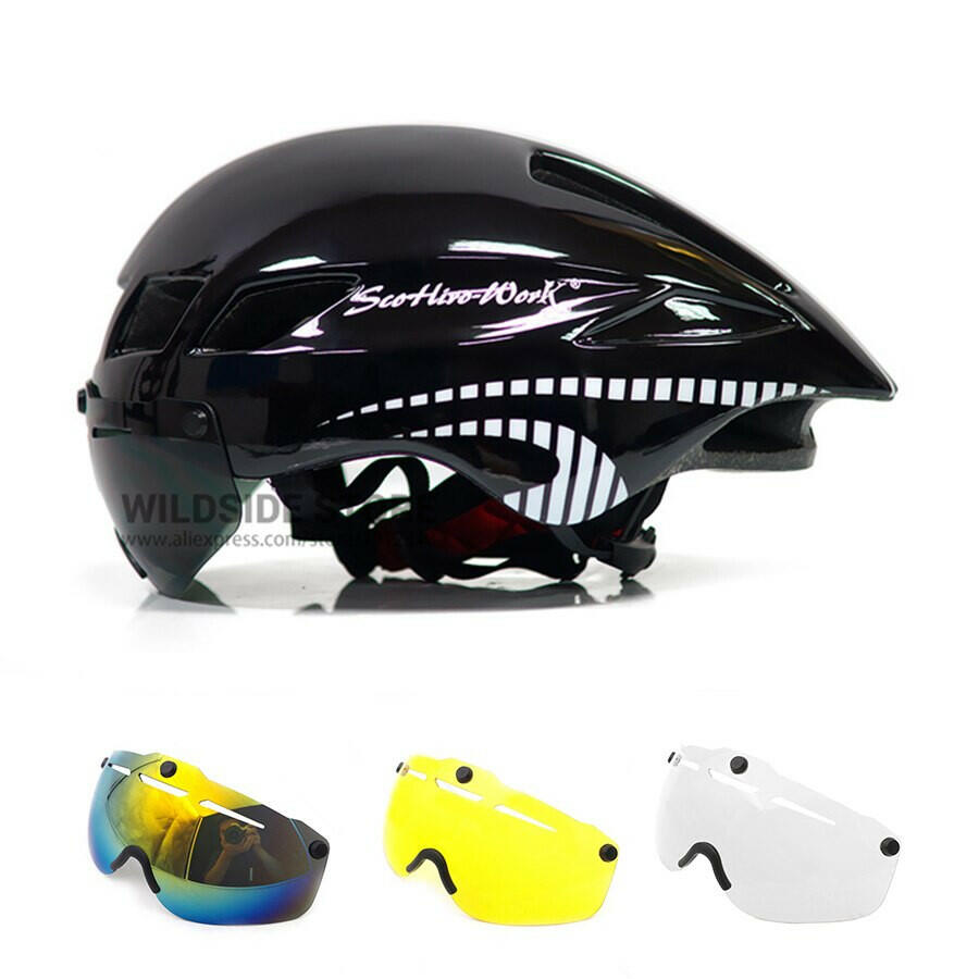 New Bicycle Helmet With Glasses 4 Lens Colors Ultralight MTB Road Bike Helmet 57-61cm Adults Goggleses Casco Ciclismo Black Blue-WAYBIKER
