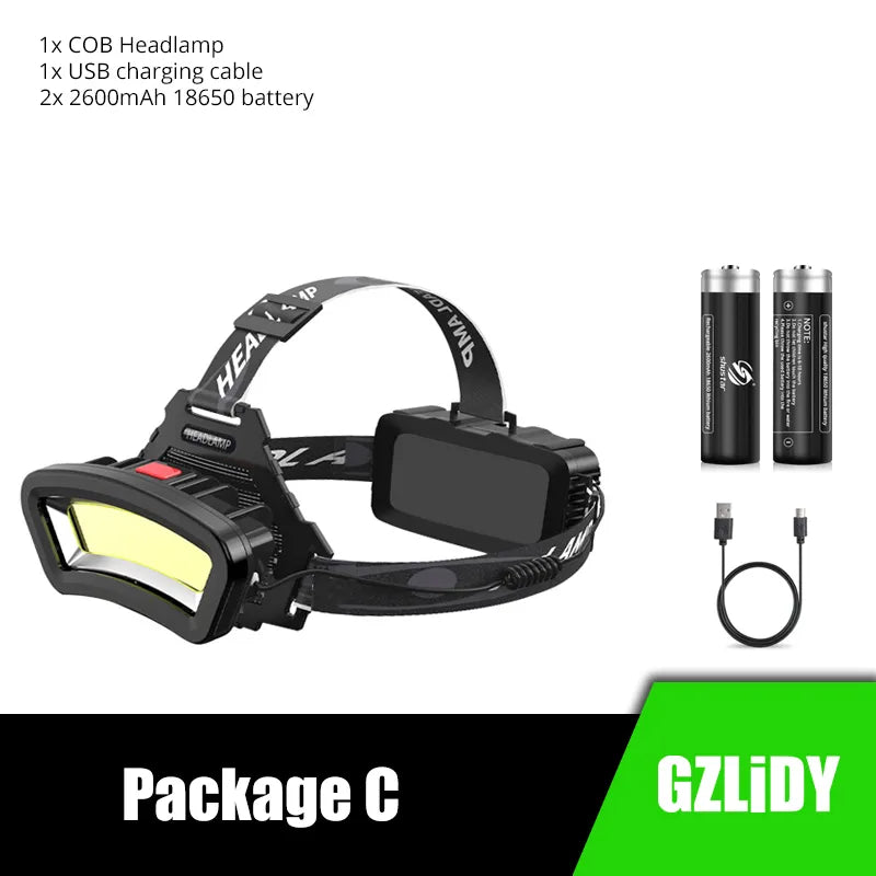 Super Bright COB Headlamp USB Rechargeable LED Headlight Waterproof Fishing Lantern Tail Red Lamp Powerful 18650 Camping Torch-WAYBIKER