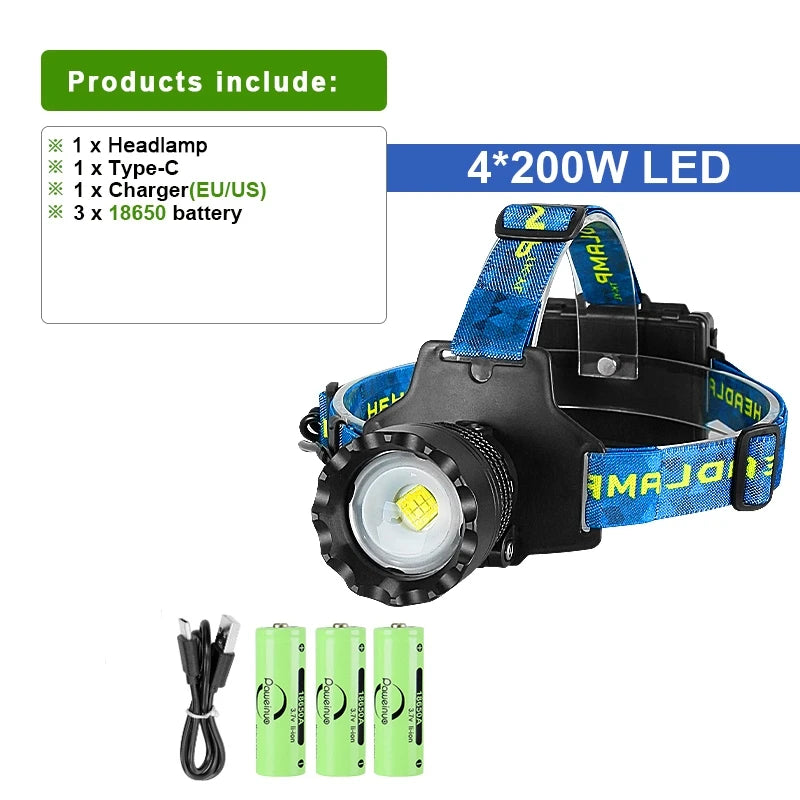 2023 New Super Bright Headlamp 18650 Rechargeable LED Head Flashlight Waterproof Head LED Light Camping Torch Fishing Head Lamp-WAYBIKER