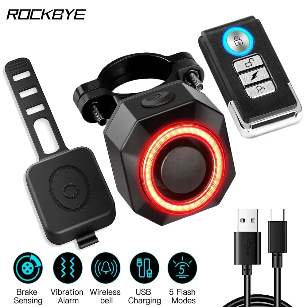 Rockbye Bicycle Alarm USB Charging Remote Control Anti-theft Tail Light 110dB Smart Auto Motorcycle Brake Sensor Tail Light
