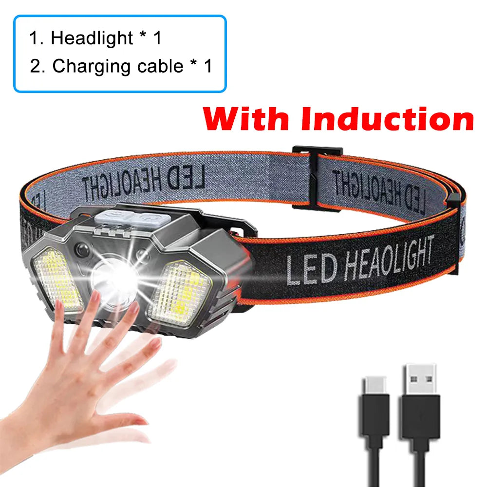 Rechargeable Headlamp 5Modes XPE COB Adjust With Red Caution Light Gesture Control LED Head Lamp For Fishing Camping Hiking-WAYBIKER