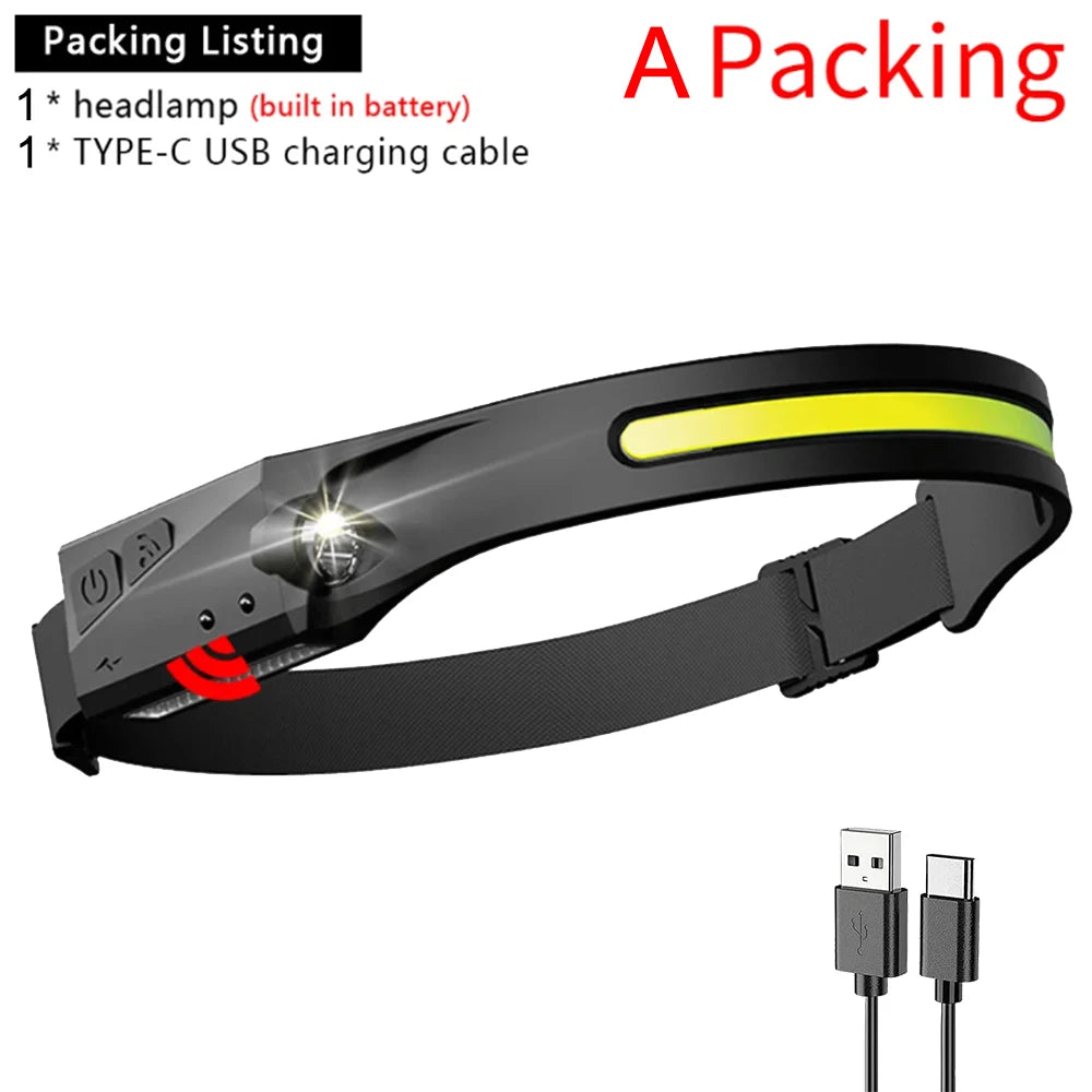 LED Induction Headlamp COB Headlight Built-in 1200mAh Lithium Battery Rechargeable Portable 5 Modes Warning Head Torch-WAYBIKER