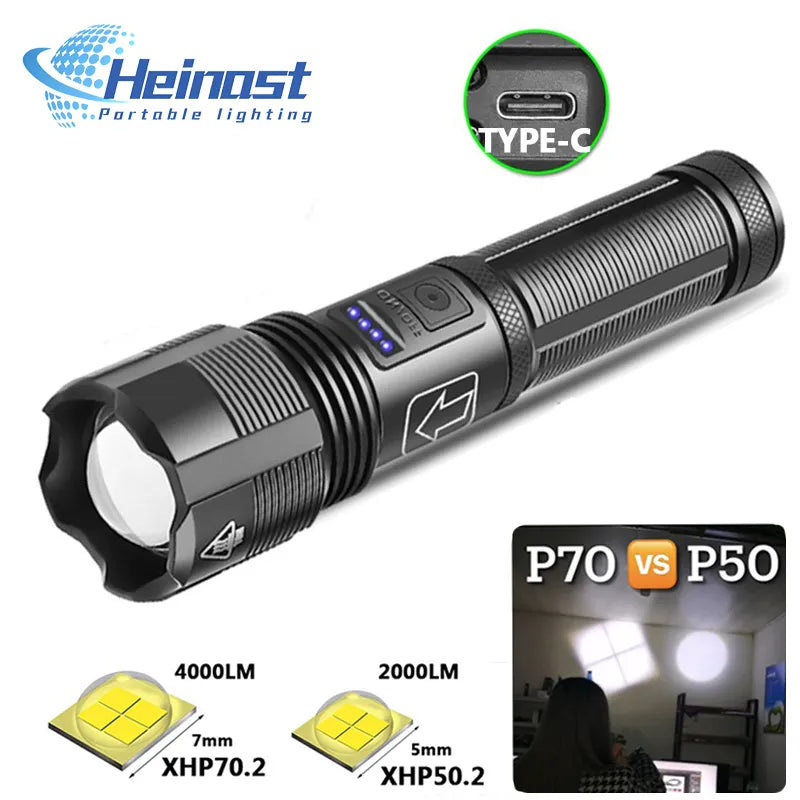 4 Core Led Flashlight Aluminum Alloy XHP70.2 XHP50.2 Tactical Hunting Torch Usb Rechargeable Zoomable Lantern 18650 Battery