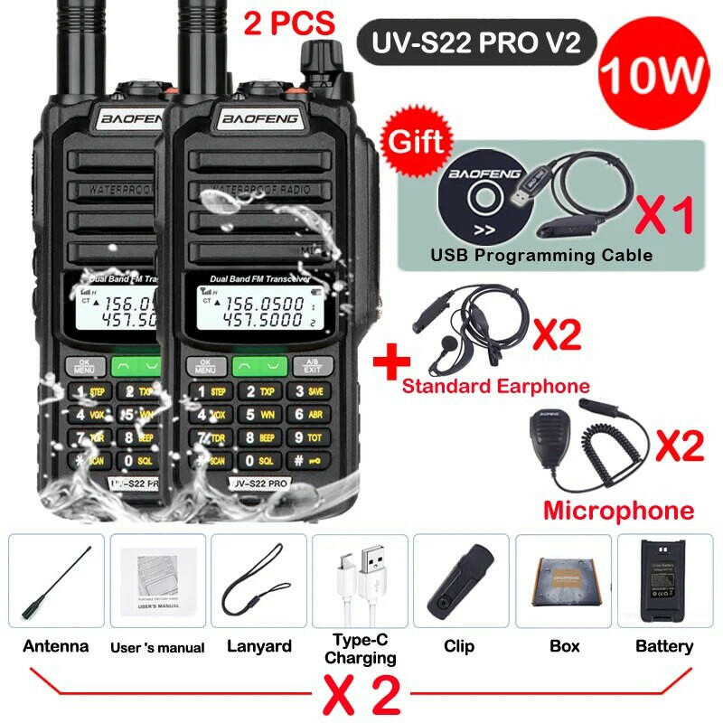2pcs Baofeng Professional Walkie Talkie 10W Powerful UV S22 PRO IP68 Waterproof VHF UHF Dual Band Two Way CB Ham Radio For Hunt-WAYBIKER