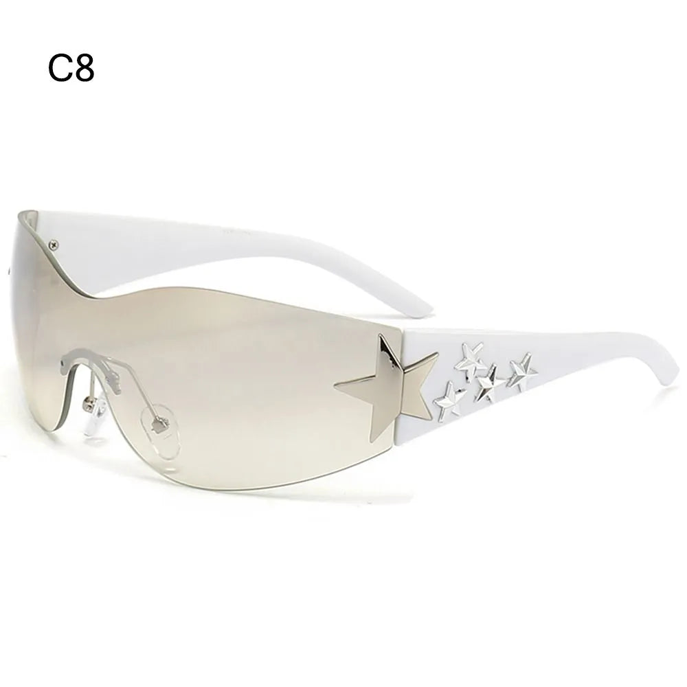 Star Wrap Around Sun Glasses Rimless Y2K Sunglasses for Women and Men Cool Black Sunglasses Shades for Beach-WAYBIKER