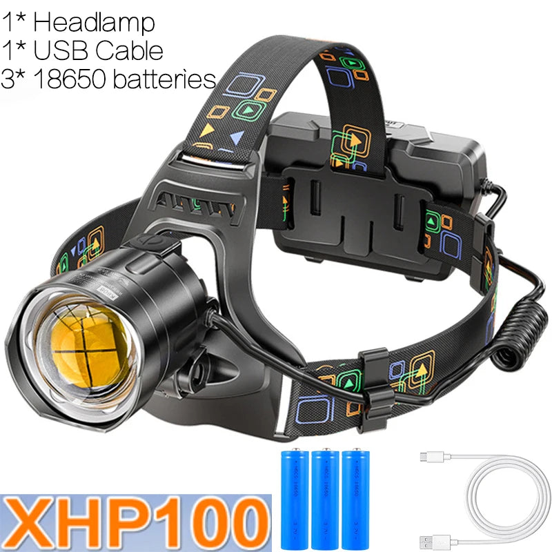 Powerful XHP90/100 Led Headlamp Zoomable USB Rechargeable High Power Headlight Waterproof Output 18650 Super Bright Head Torch-WAYBIKER