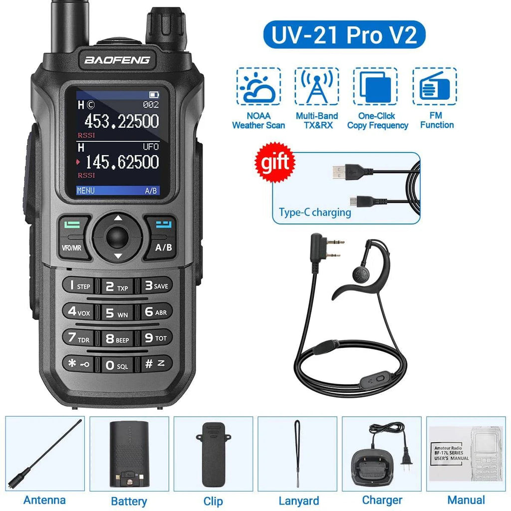 Baofeng UV-21 Pro Walkie Talkie Tri-Band Wireless Copy Frequency Long Range 999CH NOAA High Power Type-C UV-5R Ham Two Way Radio-WAYBIKER