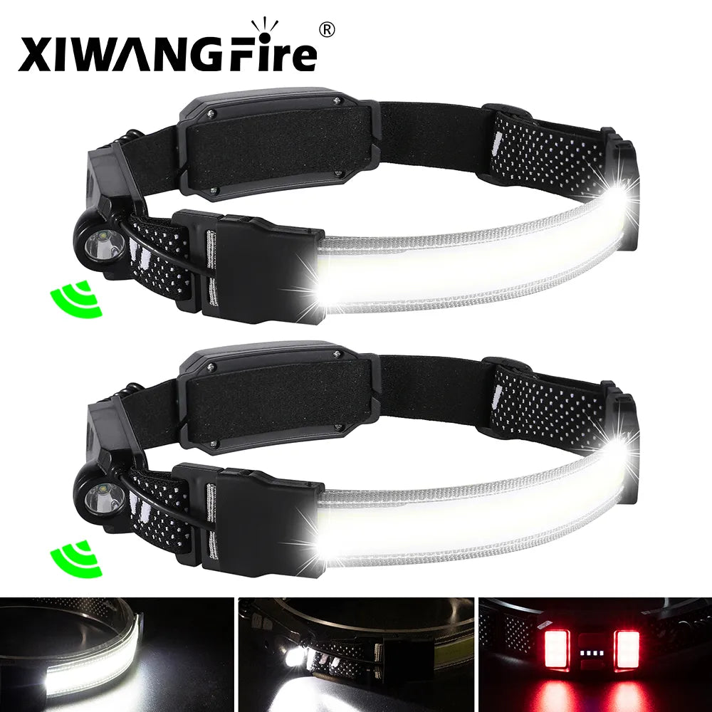 COB LED HeadLamp Flashlight USB C Rechargeable Sensor Head Lamp 3 Lighting Modes Head Light with Built-in Battery for Fishing-WAYBIKER
