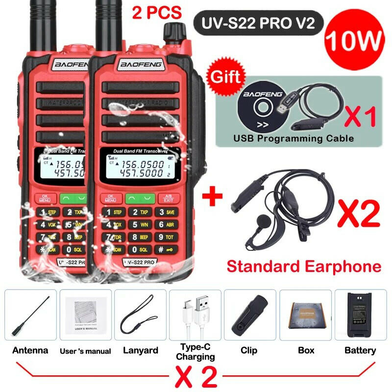2pcs Baofeng Professional Walkie Talkie 10W Powerful UV S22 PRO IP68 Waterproof VHF UHF Dual Band Two Way CB Ham Radio For Hunt-WAYBIKER