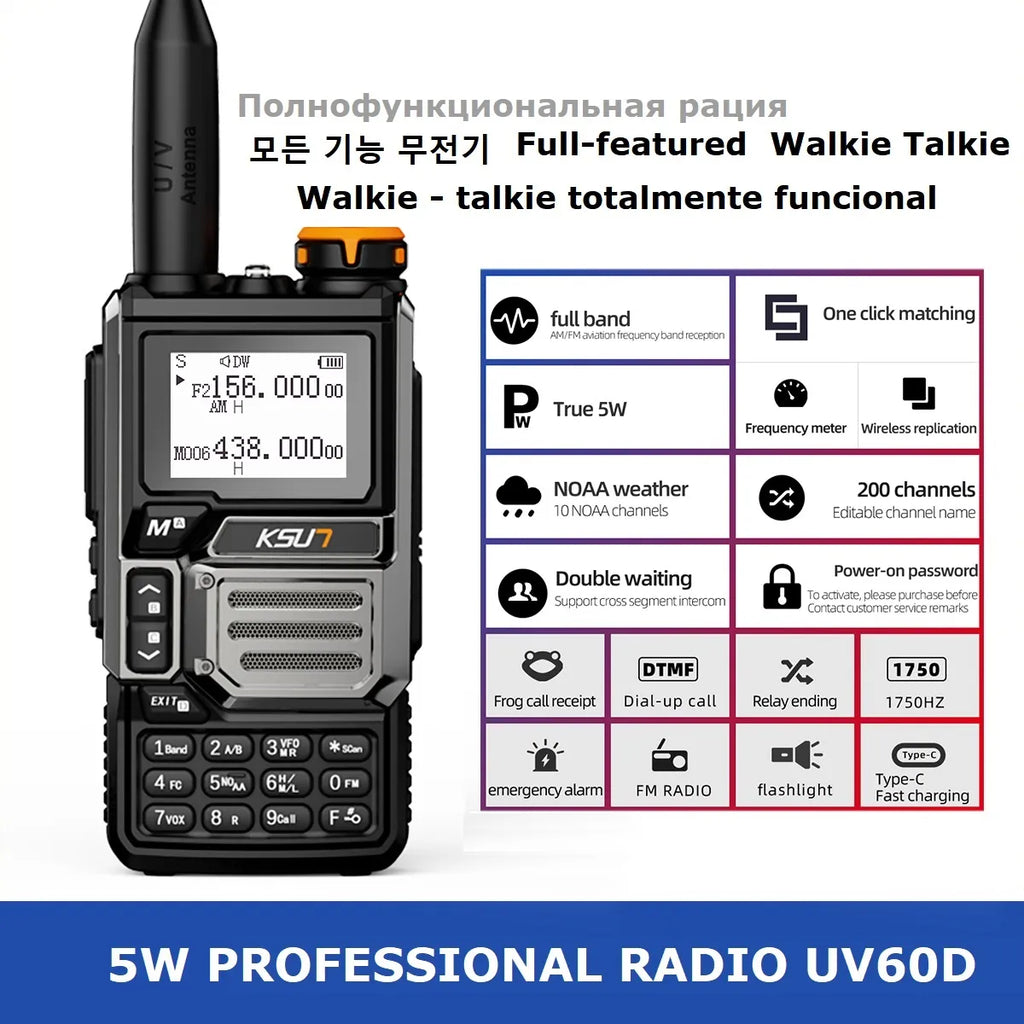 Airband Receiver Radio 5 Watt Walkie Talkie Professional Long Range Portable Rechargeable Uhf Vhf NOAA Walkie Talkie KSUT UV60D-WAYBIKER