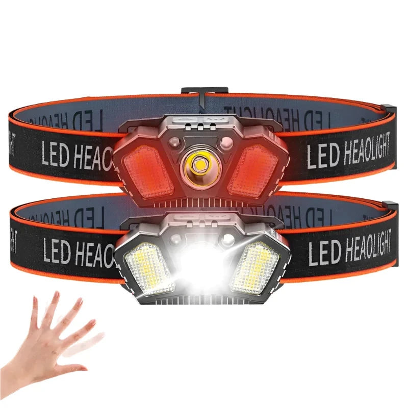 Super Bright LED Sensor Headlamp USB Rechargeable With Red Caution Light 5 Modes Outdoor Fishing Camping Hiking Head Flashlight-WAYBIKER