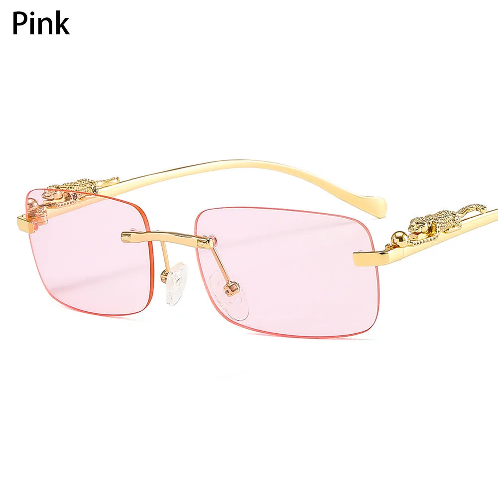 Fashion Retro Rimless Rectangle Sunglasses Cheetah Decoration Eyewear Ocean Lens Sun Glasses Women Men Sun Glasses Shades UV400-WAYBIKER