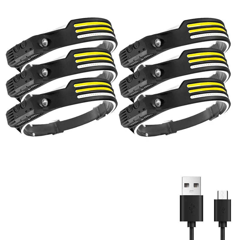 Multifunctional induction headlights 3 COB White red yellow light USB Rechargeable Head Torch 10 Lighting Modes Head Light-WAYBIKER