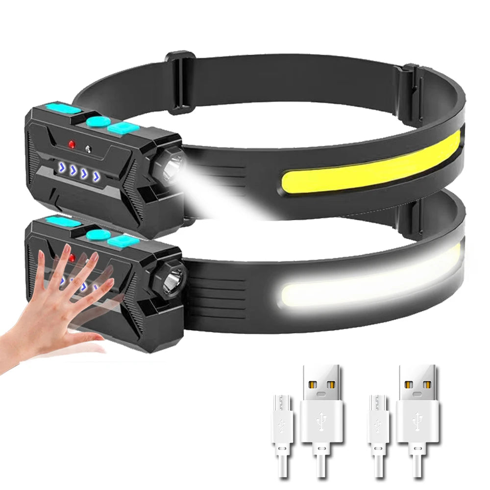1/3/5PCS New Headlamp Built-in 18650 Battery Sensor COB LED Flashlight Rechargeable Torch Power Display Head Light Fishing Lamp-WAYBIKER