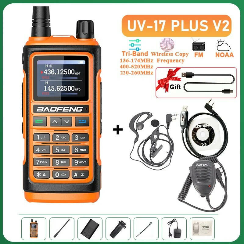 UV-17 Plus V1 V2 Baofeng Walkie Talkie 10W Type C Charging Dual/Tri Band Optional No Pro NOAA 1.77 Inch LCD Screen FM Waterproof-WAYBIKER
