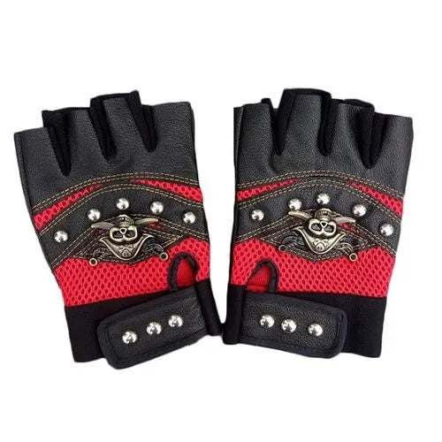 PU Leather Skull Punk Black Driving Motorcycle Bike Rider Fingerless Gloves Unisex-WAYBIKER