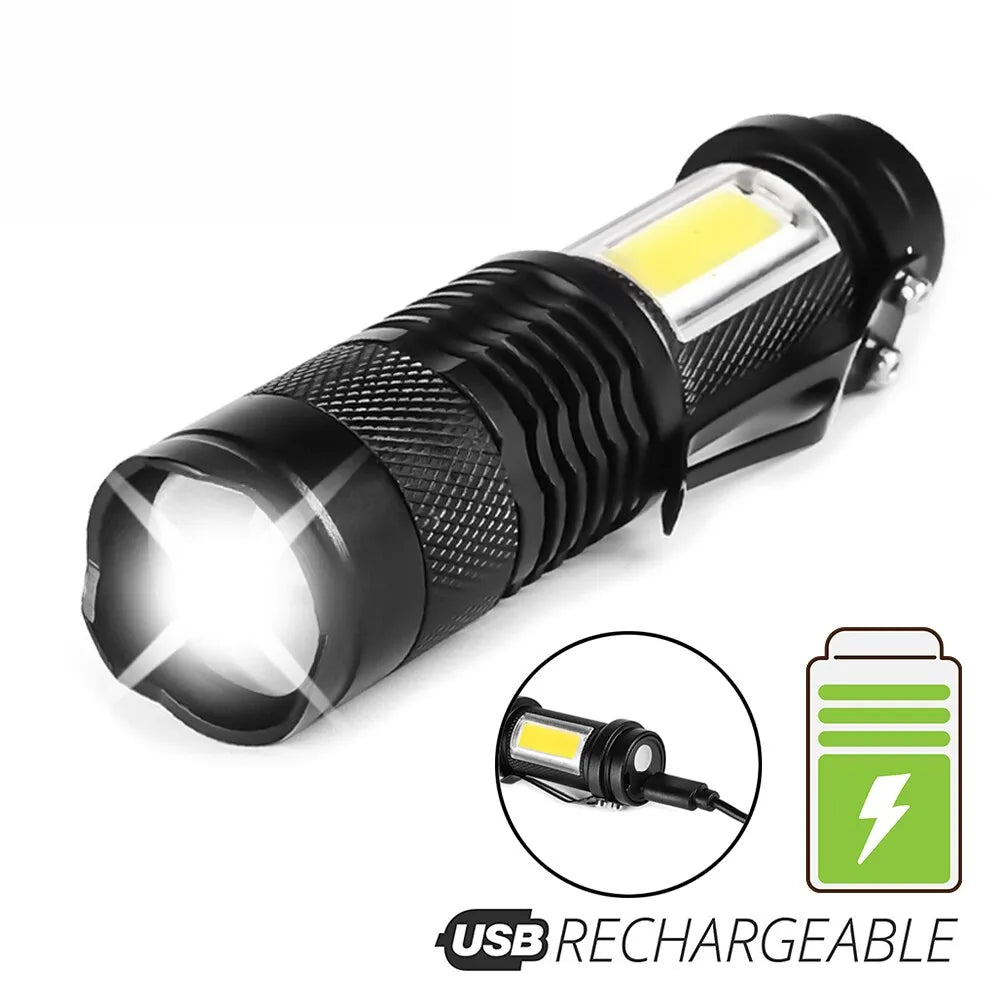 2000LM MINI Flashlights Built in Battery USB Charging LED Flash Light COB Zoomable Waterproof Tactical Torch Lamp Bulbs Lantern