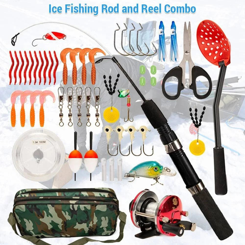52pcs Ice Fishing Gear Set Ice Fishing Rod and Reel Combo with Ice Fishing Scoo p Ice Fishing Hook Fishing Lures-WAYBIKER