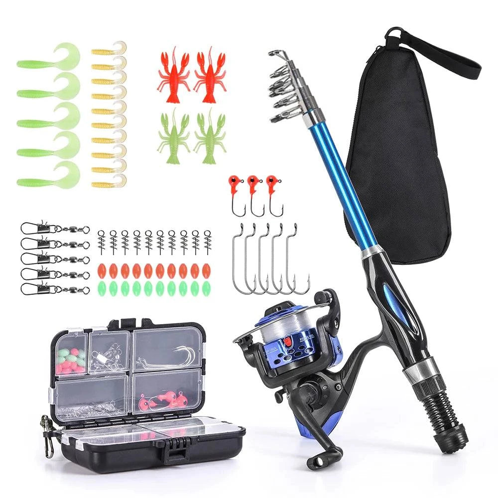 1.3m/1.5m Telescopic Fishing Rod Spinning Reel Combo Full Kit with Hooks Soft Lures Barrel Swivels Storage Bag-WAYBIKER