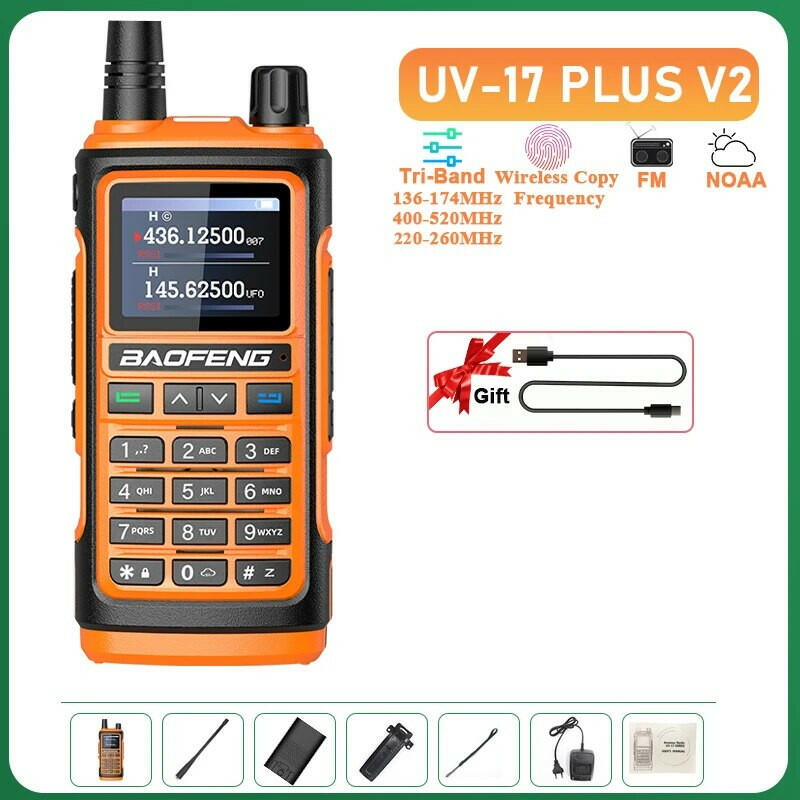UV-17 Plus V1 V2 Baofeng Walkie Talkie 10W Type C Charging Dual/Tri Band Optional No Pro NOAA 1.77 Inch LCD Screen FM Waterproof-WAYBIKER