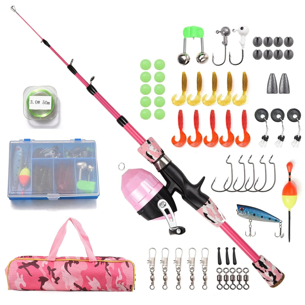 Kids Fishing Rod and Reel Combo Full Kit 1.2m/1.5m Telescopic Casting Rod Pole with Spincast Reel and Hooks Lures Swivels bag-WAYBIKER