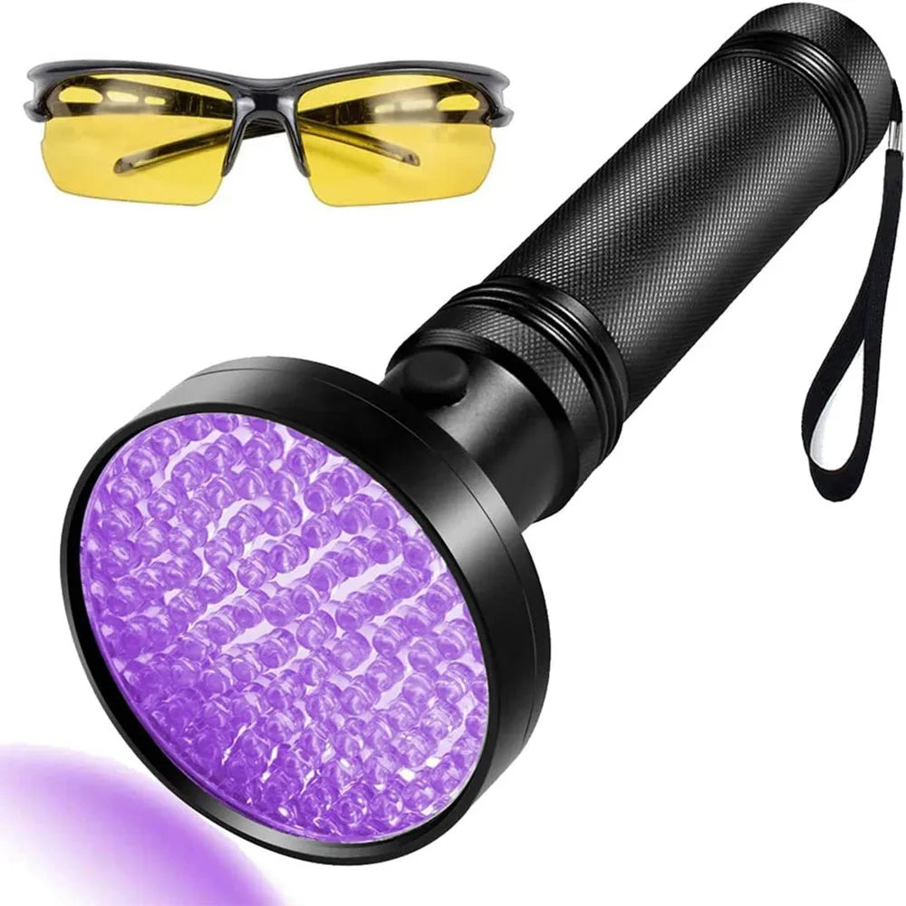 UV Flashlight 100LEDs LGUIY UV Light Torch Lamp 395nm Ultraviolet Blacklight Pet Dog Cat Bug Detector with UV Protection Glasses-WAYBIKER