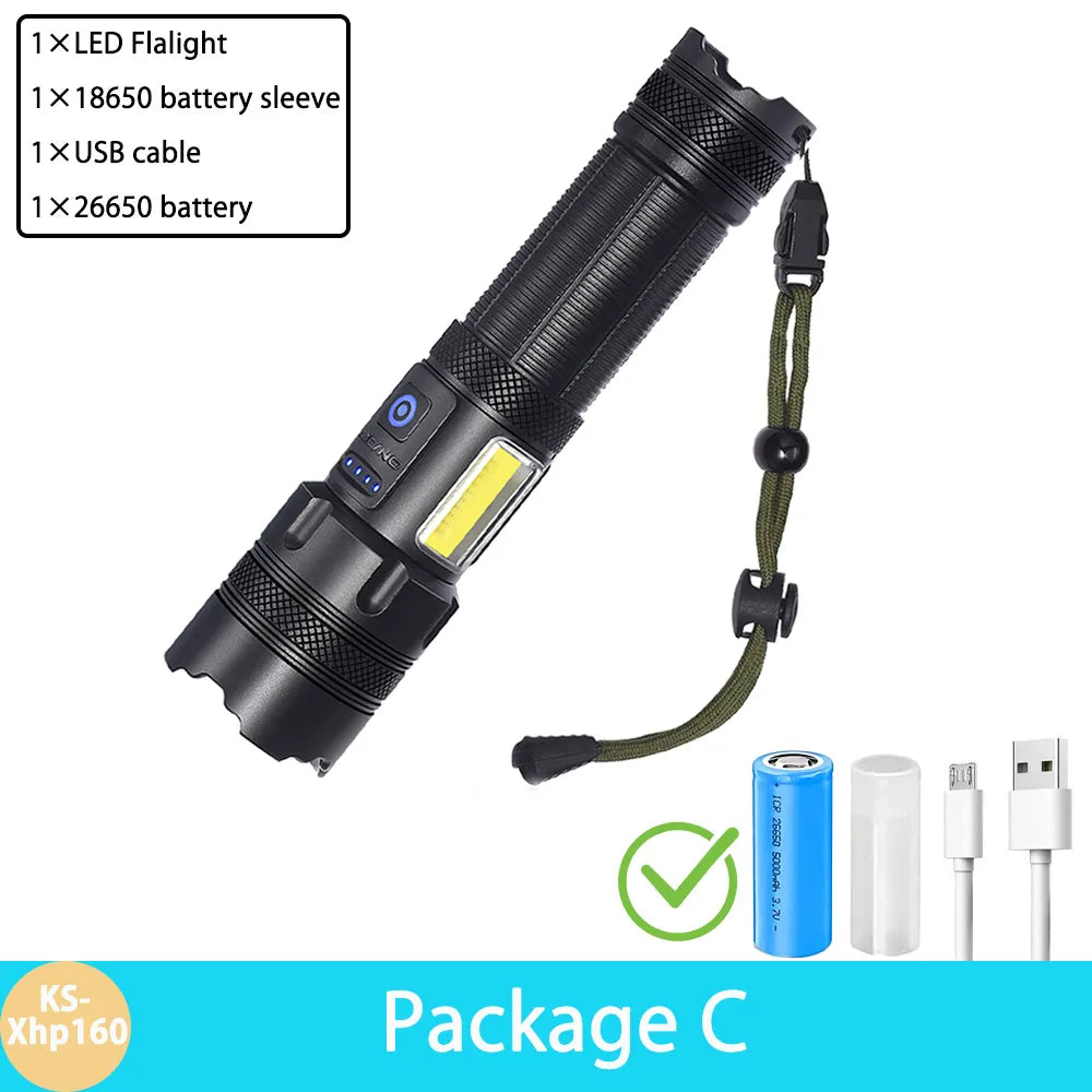 High Power  XHP160 LED Rechargeable 16-Core Flashlight With Side Work light Lantern Powerful USB charging Torch Lamp for Camping-WAYBIKER