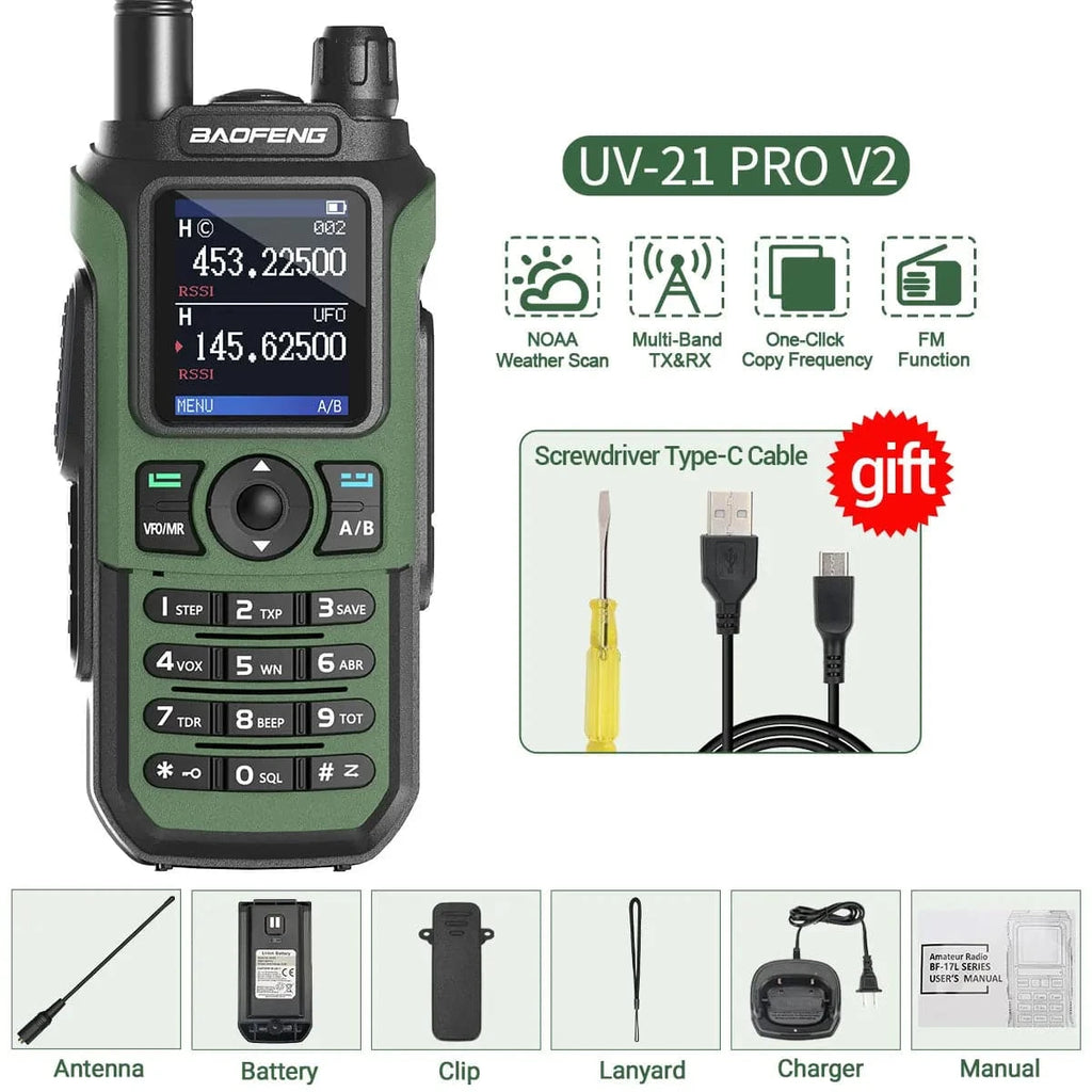 Baofeng UV-21 Pro V2 Wireless Copy Frequency Walkie Talkie Tri Band Waterproof 16 KM Long Range Type-C Charger UV 5R Ham Radio-WAYBIKER