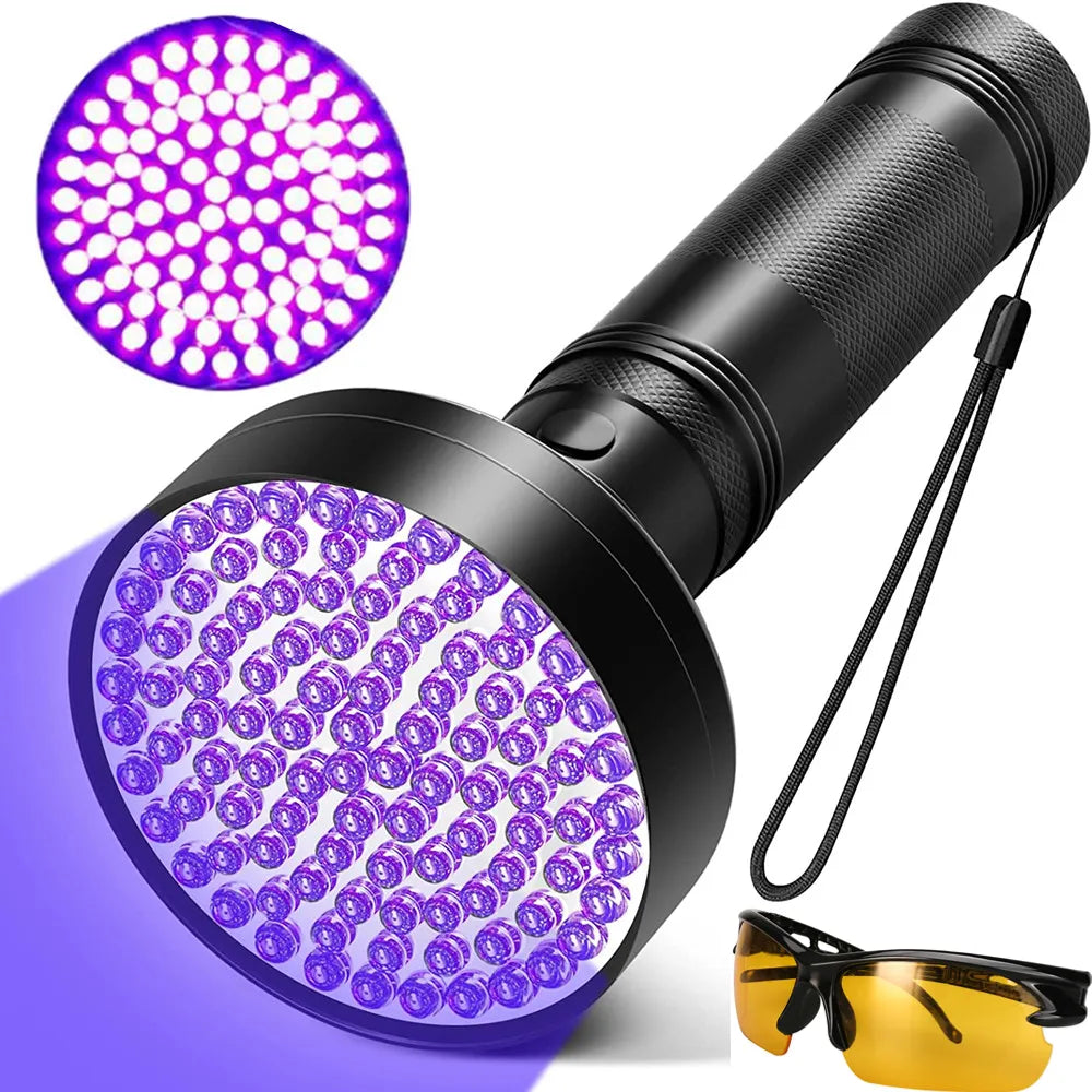 UV Flashlight 100LEDs LGUIY UV Light Torch Lamp 395nm Ultraviolet Blacklight Pet Dog Cat Bug Detector with UV Protection Glasses-WAYBIKER