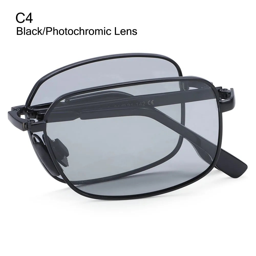Portable Folding Polarized Sunglasses for Men, Square Metal Frame Photochromic Sunglasses Driving Glasses Night Vision Eyewear-WAYBIKER