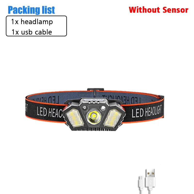 Portable Headlamp with Wave Sensor 5 Modes XPE+COB LED Red Caution Light USB Rechargeable Head Lamp For Fishing Camping Hiking-WAYBIKER