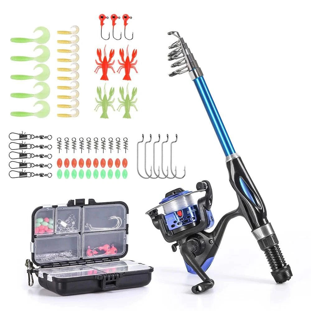 1.3m/1.5m Telescopic Fishing Rod Spinning Reel Combo Full Kit with Hooks Soft Lures Barrel Swivels Storage Bag-WAYBIKER