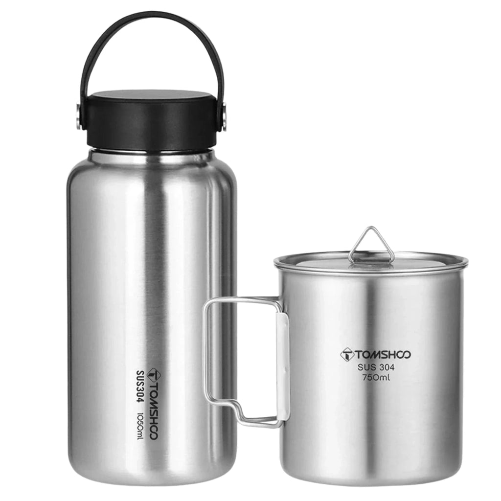TOMSHOO 1050ml Leak Proof Sports Kettle Stainless Steel Water Bottle with 750ml Cup Coffee Mug Hanging Pot for Camping Tourist-WAYBIKER