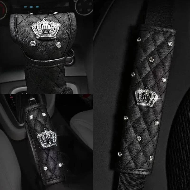 Car Seat Belt Cover Leather Seat Belt Shoulder Pad Crown Crystal Rhinestones Diamond Shifter Gear Cover Hand Brake Covers Sets-WAYBIKER