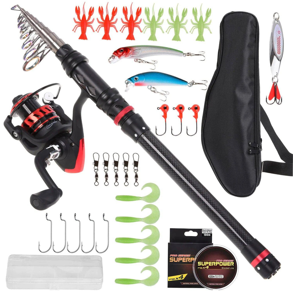 Carbon Fiber Telescopic Fishing Rod Spinning Reel Combo Fishing Lures Jig Hooks Swivels Full Kit For Outdoor Fishing-WAYBIKER