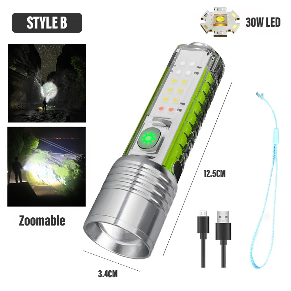 Super Bright LED Flashlight with White/red/blue/purple Side Light and Strong Magnets 30W LED Wick Lighting for 1500 Meters-WAYBIKER