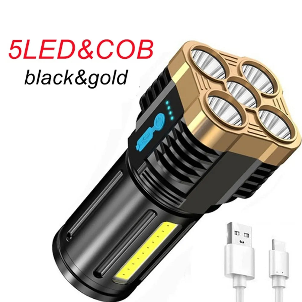 5 LEDs Flashlight Waterproof ABS Spotlight USB Rechargeable Portable Outdoor COB Flood Light 4 Lighting Modes for Outdoor Use-WAYBIKER