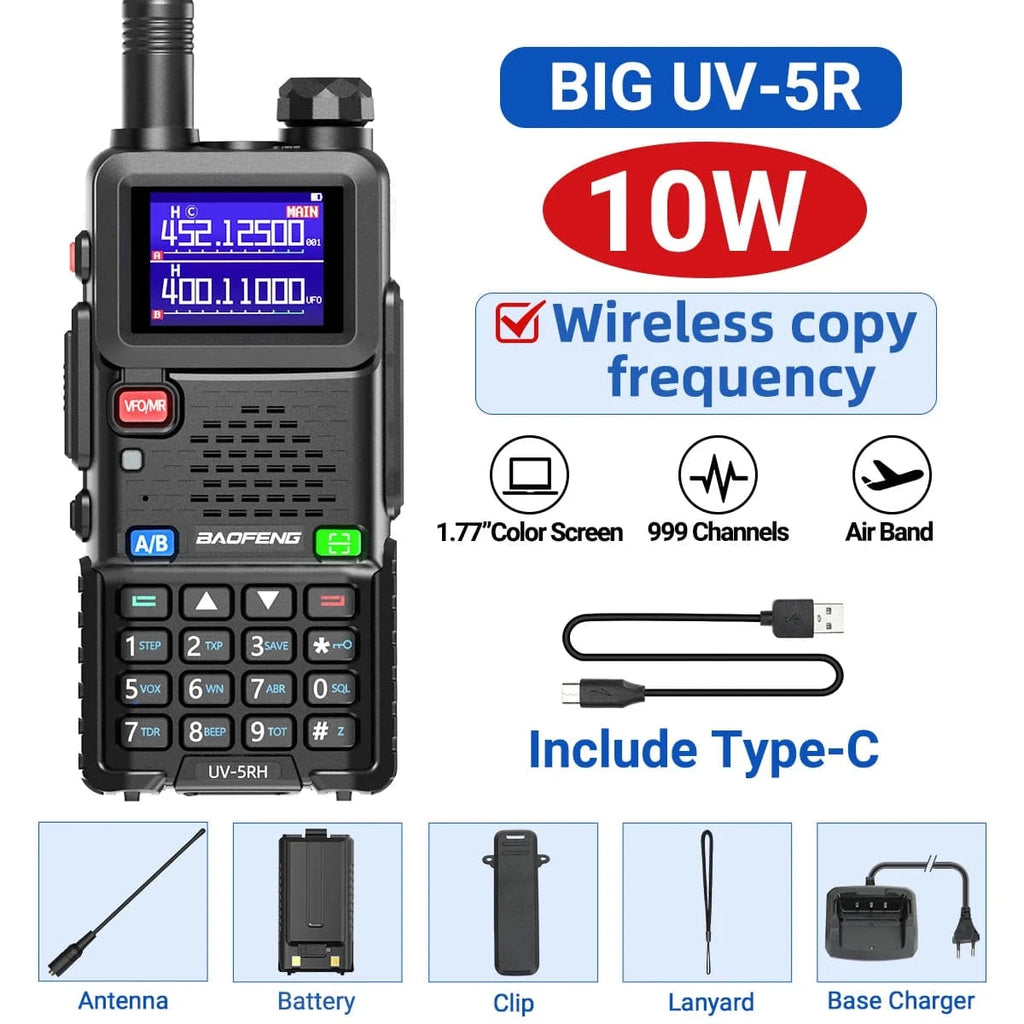 Baofeng UV-5RH 10W Air Band Walkie Talkie Wirless Copy Frequency 999CH Tri-power Type-C USB Long Range UV-5R Ham Two Way Radio-WAYBIKER