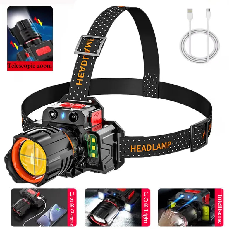 Powerful LED Head Flashlight USB Rechargeable Headlamp Outdoor Camping Light For Fishing Headlight Torch Light Front Lanterns-WAYBIKER