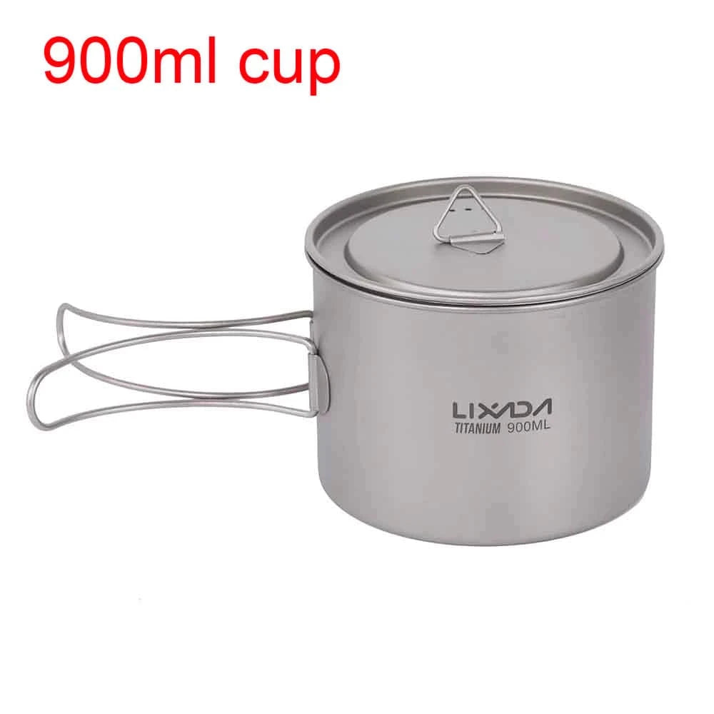 900ml/1600ml Titanium Pot Cup Hanging Camping Pot Portable Water Cup with Lid Foldable Handle Outdoor Tableware Picnic Cookware-WAYBIKER