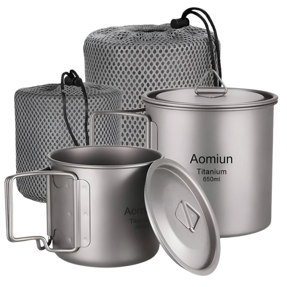 Ultralight Titanium Cup Outdoor Portable Cup Set Water Cups Mug with Foldable Handle Tableware for Hiking Camping Equipment-WAYBIKER