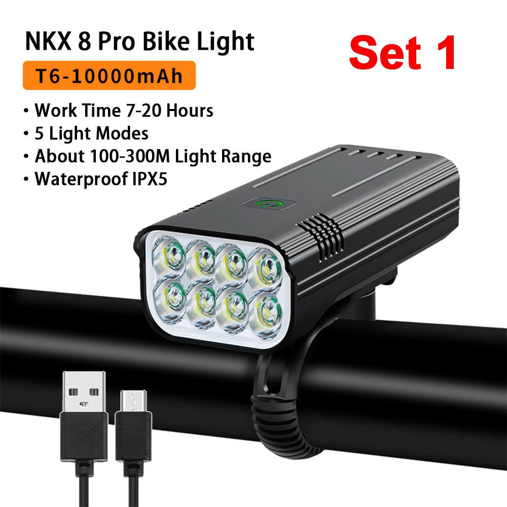 NATFIRE 10000mAh Bicycle Light with Digital Battery Indicator USB Rechargeable Bike Light Set 8 LED Flashlight-WAYBIKER