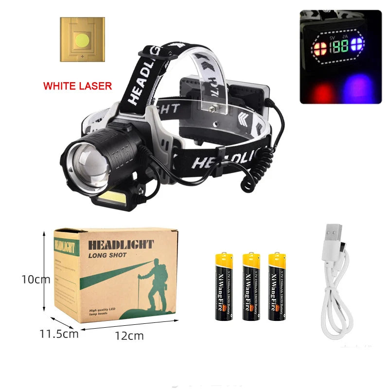 White Laser LED Headlamp with Sensor Zoom Highlight Head Lamp Rechargeable Red and Blue Warning Light 180° Adjustable Flashlight-WAYBIKER