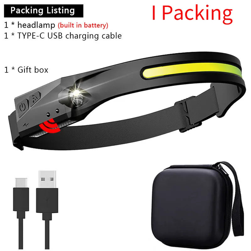 1-5PCS Induction Headlamp COB LED Head Lamp with Built-in Battery Flashlight USB Rechargeable Torch Outdoor Lighting Work Light-WAYBIKER