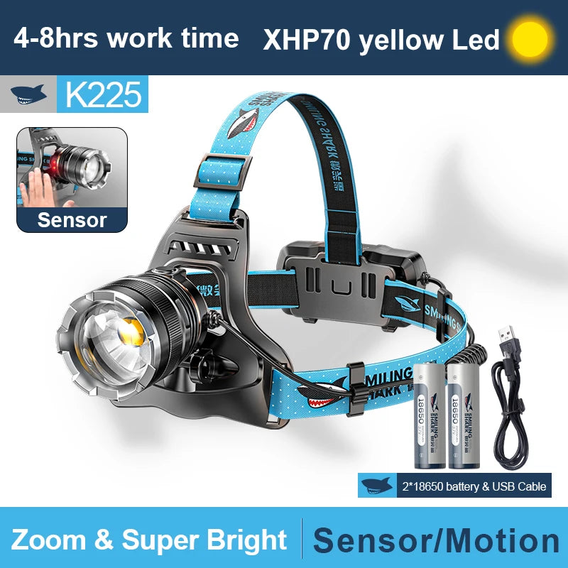 Smiling Shark K225 Powerful Headlamp XHP70 Sensor Headlight Rechargeable Waterproof Head Flashlight for Outdoor Camping Working-WAYBIKER